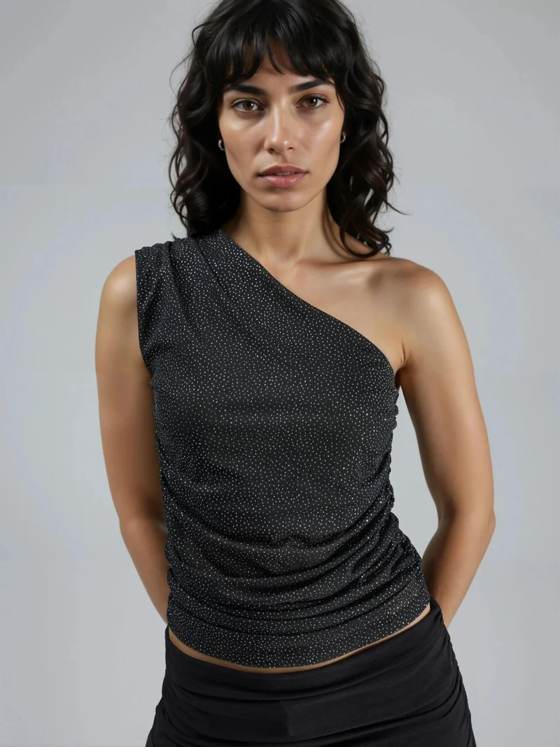 بوسيم BUSEM Slim Fit Shiny Sleeveless Blouse with Asymmetrical Collar